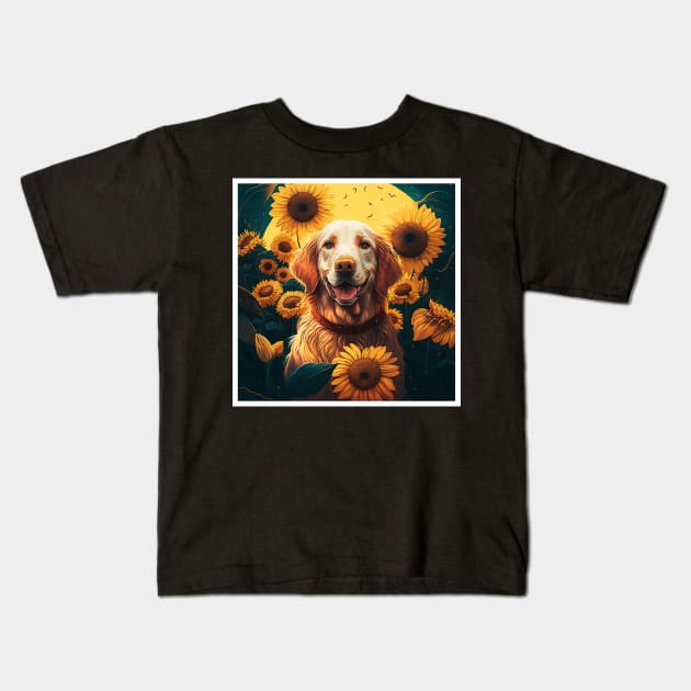 Golden Retriever Dog, Surrounded by Sunflowers, Dog Lover Kids T-Shirt by dukito